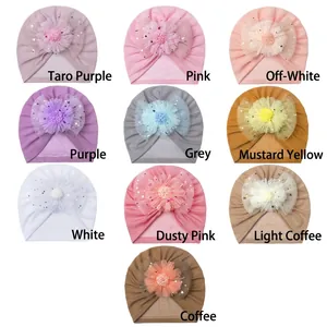 Detailed grid view of 10 color variations for baby turban hats with mesh flower sequins