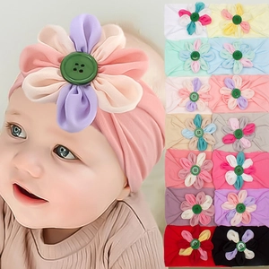 Fascia per neonati in nylon con grande fiore in tessuto e bottone in colori caramella