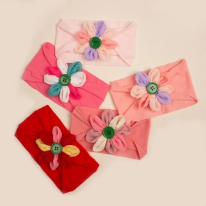 Set di 5 fasce per capelli neonata in nylon colorato con fiori in tessuto e bottone