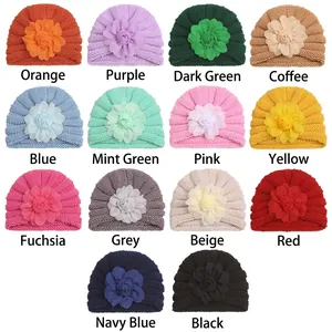 Bonnets en tricot pour bébé avec grandes fleurs en mousseline en 14 couleurs d'hiver