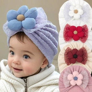 Cute Infant Turban Hat Large Flower Bronzing Mesh Bow Polyester Knit Beanie For Newborn Toddler Baby Girls Accessories