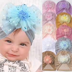 Baby Girls Mesh Flower Turban Hat Glitter Star Moon Pattern Soft Breathable Infant Beanie Cap Photography Props Hat