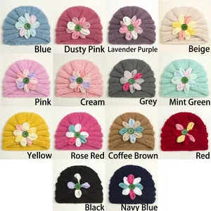 Knitted baby turban hats with floral details in 14 assorted colors for infants