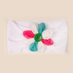 Fascia per neonati in nylon bianco con fiore di stoffa rosa e turchese e bottone verde