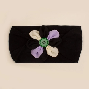 Fascia per capelli in nylon nero per neonati con fiori tricolori e bottone verde decorativo