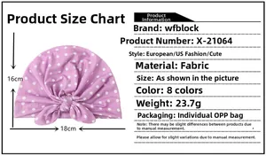 Tableau des tailles montrant les dimensions du bonnet turban pour bébé à pois violets