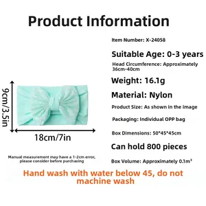 Infant nylon headband details with mint green bow dimensions and size parameters
