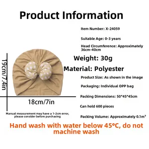 Detailed sizing chart for khaki polka dot bow baby turban hat made of soft polyester