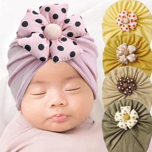 Baby Girls Soft Cotton-like Turban Hat Large Polka Dot Flower Decor Infant Beanie Fontanelle Protection Cap Newborn Headwear Accessory