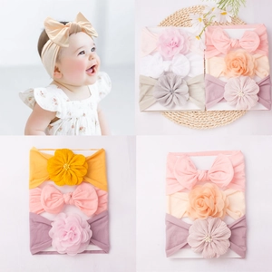 Bandeaux en Nylon Élastique pour Bébés Filles Avec Fleurs Et Nœuds Turban pour Nourrissons Tout-Petits Accessoires de Coiffure