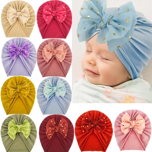 Berretto a Turbante per Neonati Grande Fiocco a Pois Dorati Fascia per Capelli in Poliestere Morbido Accessori Moda Ragazze
