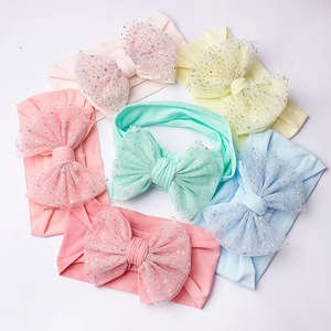 Detailed set of 6 soft nylon baby headbands with elastic mesh sequin bows in pastel colors