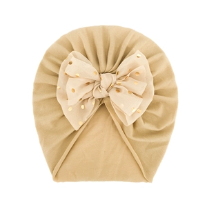 Cappello a turbante per neonato color kaki chiaro con grande fiocco a pois dorati