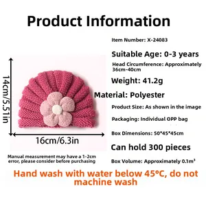 Detailed view of rose baby turban hat with flower showing 16x14cm size and polyester specs
