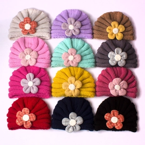 Cozy baby knitted turban hats with 3D floral accents in 12 assorted colors for winter