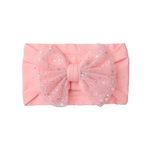 Pink soft nylon baby headband with a glittery mesh double bow for infant girls