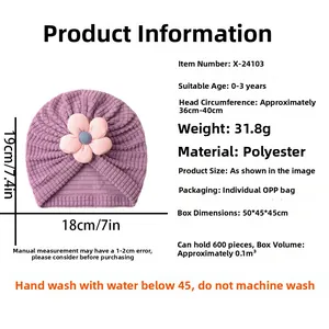 Detail specifications of purple baby turban hat with flower showing size and material info
