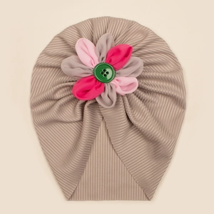 Turbante per neonati beige a coste con fiore rosa e grigio e bottone verde decorativo