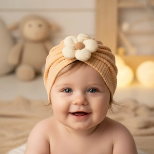 Detail of soft ribbed baby turban hat with a large cream floral ornament on top