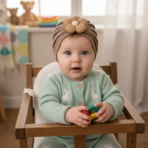 Infant turban hat with large 3D flower detail in dark brown ribbed knit fabric