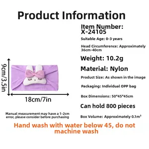 Size chart for purple nylon baby headband with white rabbit bow, fitting 0-3 years old