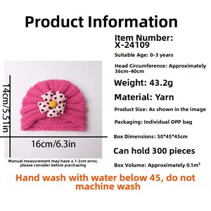 Detail specifications of knit baby turban hat with pink polka dot floral decoration