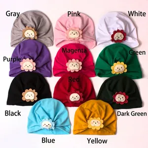 Infant cotton knitted hats set with cartoon lion patch in eleven various vibrant colors