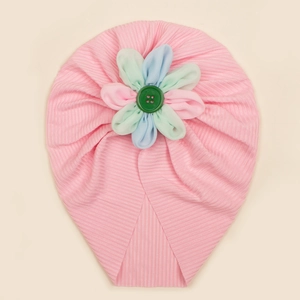 Turbante neonato rosa in maglia elastica con fiore patchwork e bottone verde