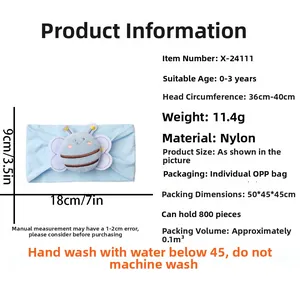 Detailed view of blue nylon baby headband featuring a cute bee design and product dimensions