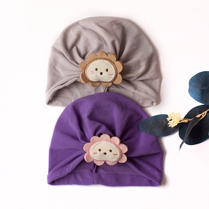 Infant cotton beanie with cute 3D cartoon lion patch in purple and grey colors