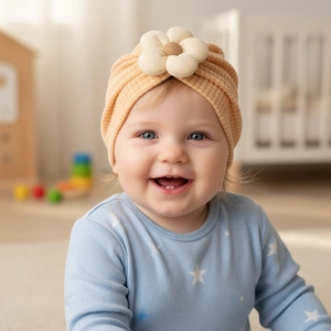 Close-up of baby ribbed knit hat in light apricot with a 3D soft cream flower detail