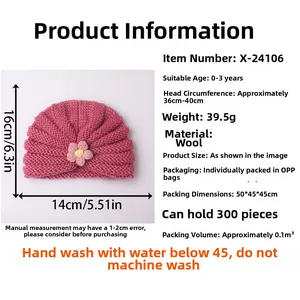 Detailed size chart for pink knit baby turban hat with decorative floral accents