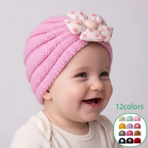 Warm Polyester Knitted Baby Turban Hat With Large Polka Dot Flower Soft Infant Beanie Cap For Toddlers Winter Headwear
