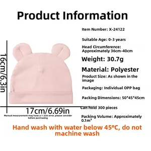 Bonnet rose pour bébé avec oreilles d'ours, dimensions et matière polyester en détail