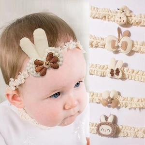 Baby Girl Lace Headband Rabbit Ear Bow Flower Princess Elastic Turban Beige Brown Infant Toddler Hair Accessory