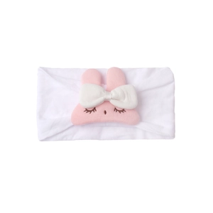 Close-up of baby nylon headband with cute pink cartoon bunny and white bow detail