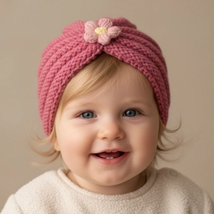 Detailed knit pattern and crochet flower on a warm dark pink baby winter hat
