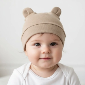 Gros plan d'un bonnet pour bébé en modal doux avec oreilles d'ours 3D marron clair