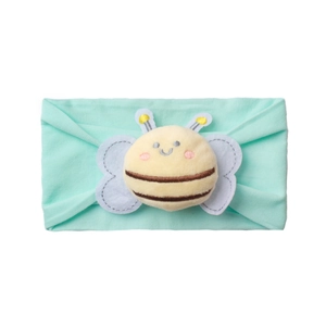 Close-up of mint green nylon baby headband featuring a soft 3D plush bee decoration