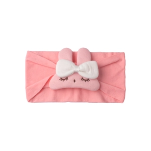 Soft elastic pink nylon baby headband featuring cute plush bunny and white bow