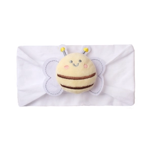 Close-up of a white baby nylon headband featuring a cute yellow plush bee with embroidery