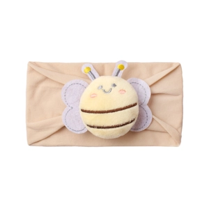 Close-up of a soft nylon baby headband featuring a 3D plush bumblebee decoration