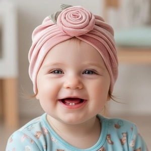 Detailansicht der Baby-Samtmütze mit weichem rosa Rosen- und grünem Blattdekor