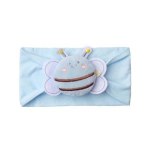 Close-up of light blue elastic nylon baby headband with a cute plush bee patch