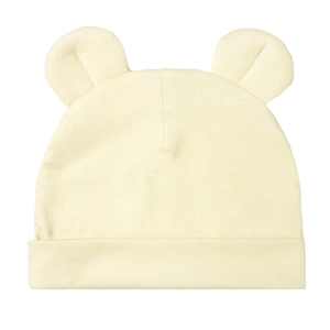 Détail du bonnet pour bébé en maille côtelée modal avec oreilles d'ours jaune crème