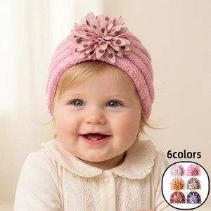 Bonnet Turban Tricoté pour Bébé Avec Grande Fleur Rayé Bonnet Nourrisson Style Bohémien Chaud Doux Polyester pour Nouveau-né