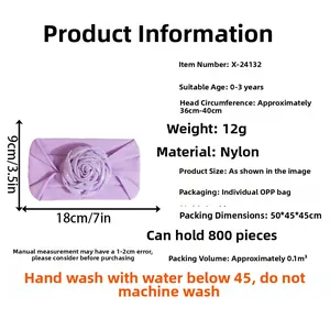 Detailed size chart for purple floral baby headband with elastic nylon fabric and dimensions