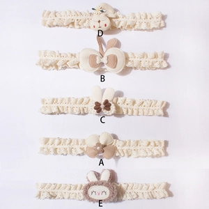 Five-piece baby lace headband set with bunny ears and floral bows in neutral cream tones