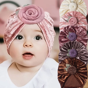 Baby-Turban-Mütze aus Samt mit Blume, warmer Winter-Kopfwickel in verschiedenen Farben