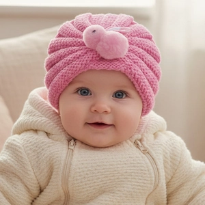 Close-up of pink knit baby hat with soft plush rabbit detail on textured yarn fabric